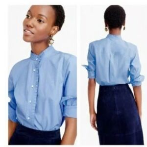 J. Crew Blue Pleated Trim Oxford Button Up Long Sleeve Shirt Top Size 2 NWOT